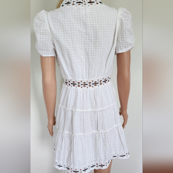 RAHI WHITE BLACK EMBROIDERED CAP PUFF SLEEVES SHORT MINI COTTON DRESS MEDIUM - Picture 14 of 15